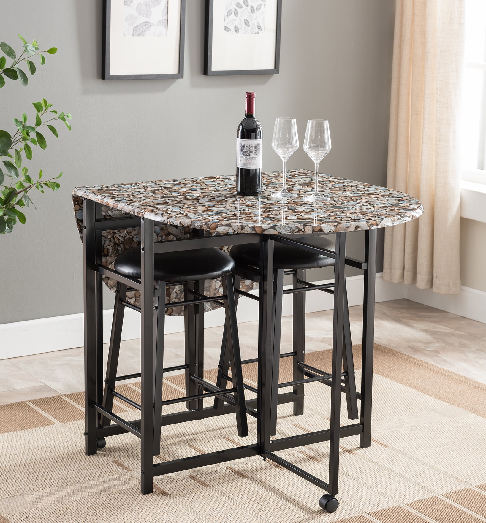 Kings Brand Furniture 3-Piece Pub Dinette Set, Drop Leaf Table & 2 Stools, Black