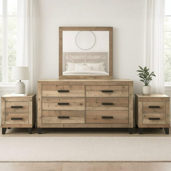 Kings Brand Furniture 4-Piece Antique Natural Bedroom Furniture Set – 6-Drawer Storage Dresser with Mirror & 2 Nightstands
