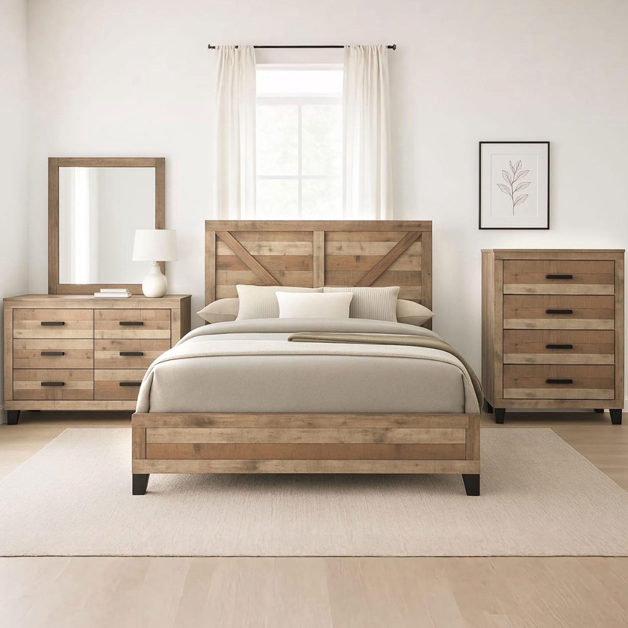 Kings Brand Furniture 4-Piece Antique Natural Bedroom Set - Wooden Bed ...