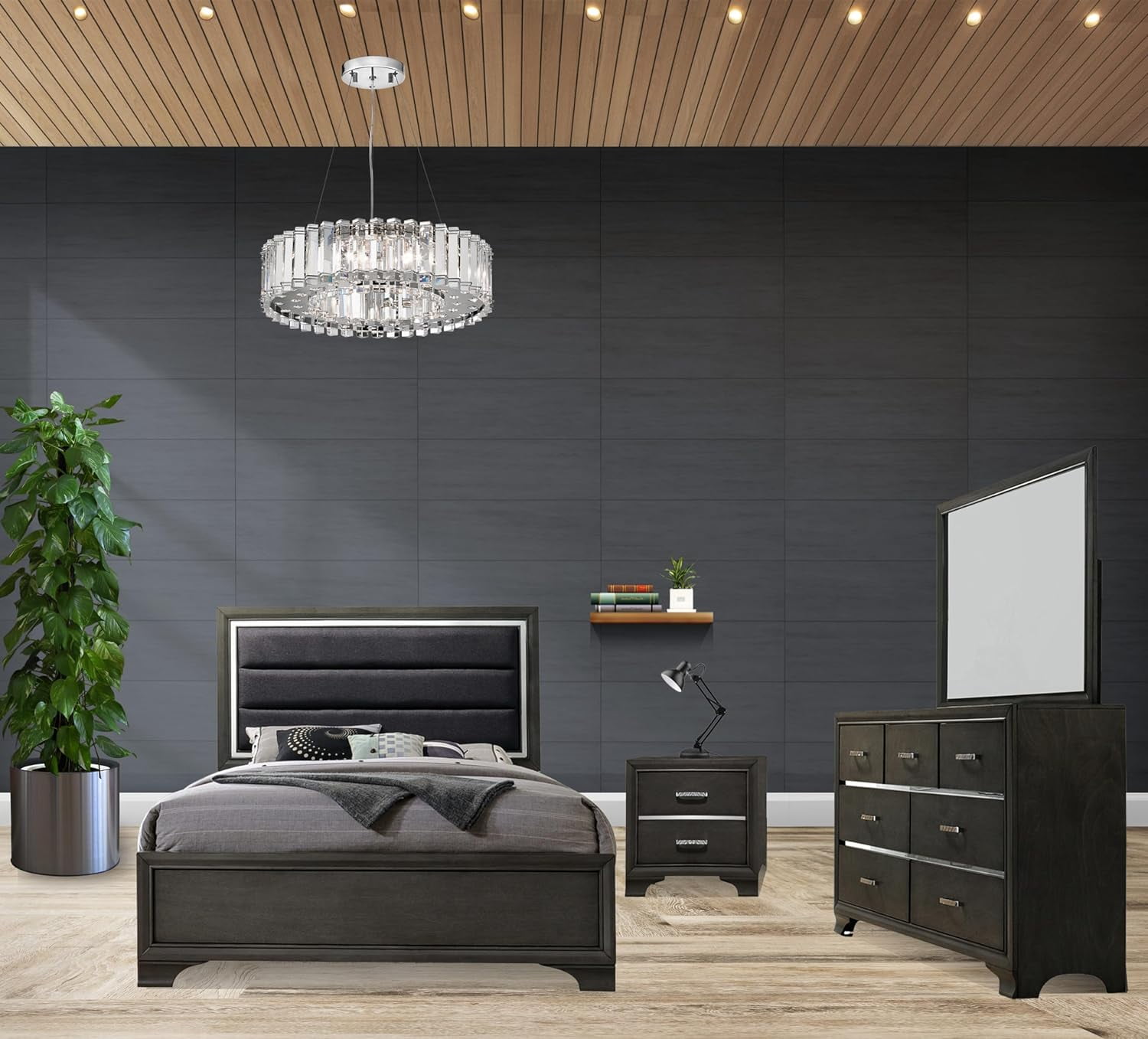 Kings Brand Furniture – 4-Piece Gray Wood with Faux Leather Headboard Queen Bedroom Set. Bed ...