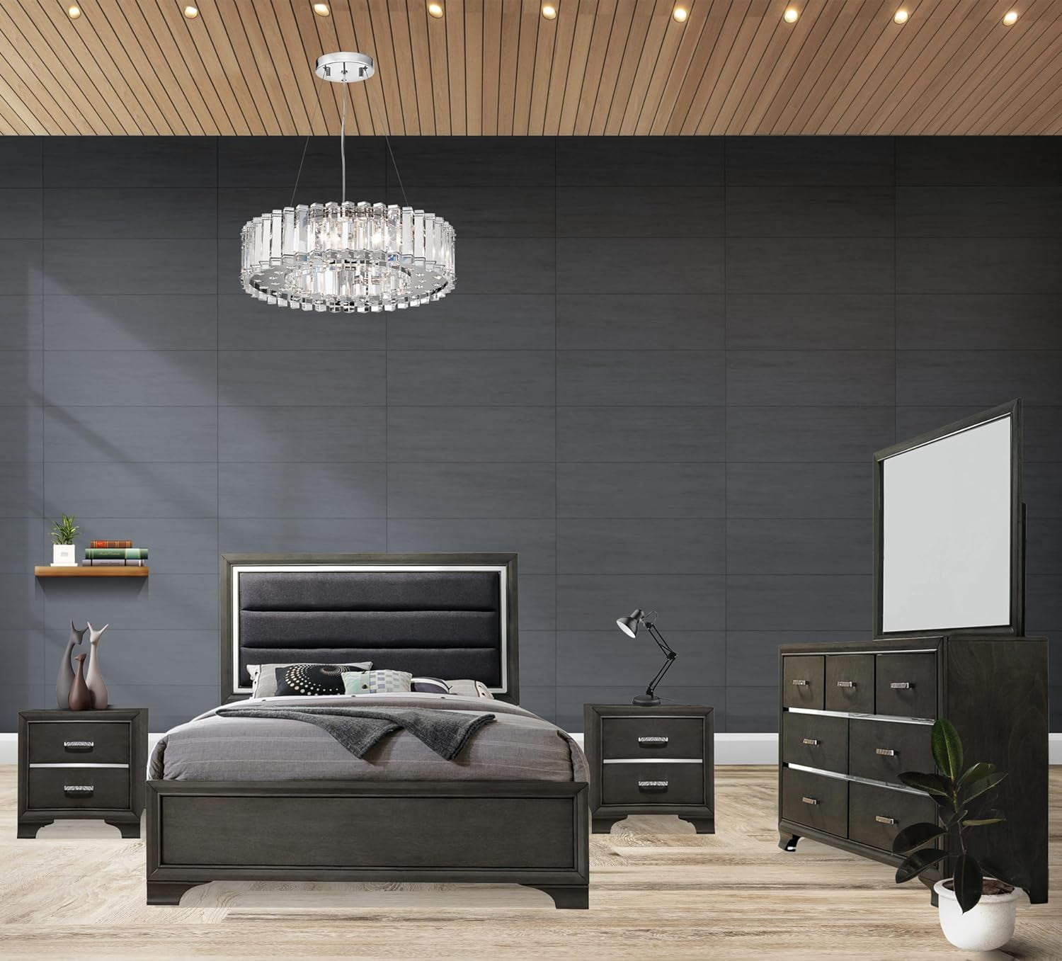 Kings Brand Furniture 5-Piece Wood Queen Bedroom Set, Gray