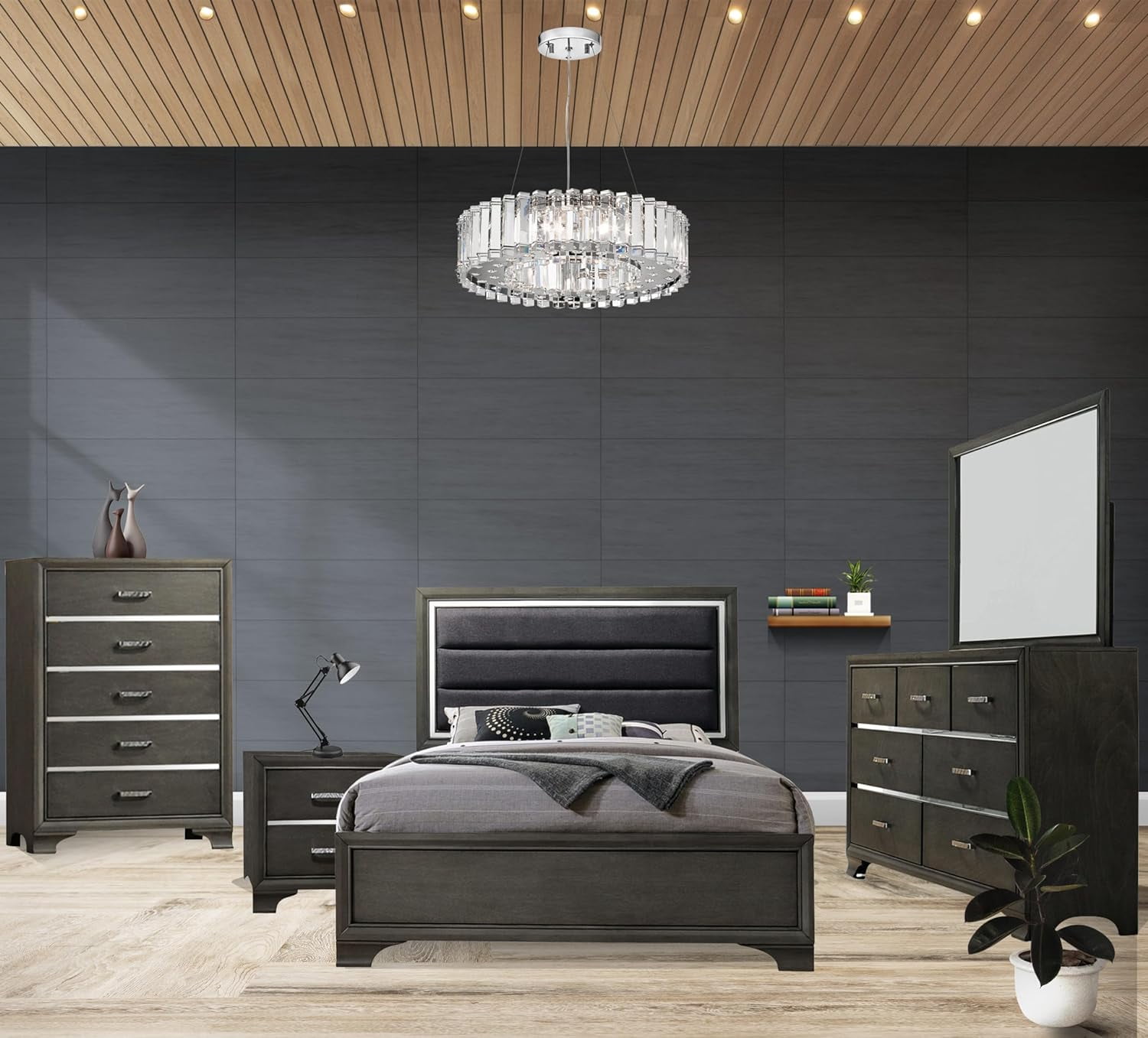 Kings Brand Furniture – 5-Piece Gray Wood with Faux Leather Headboard ...