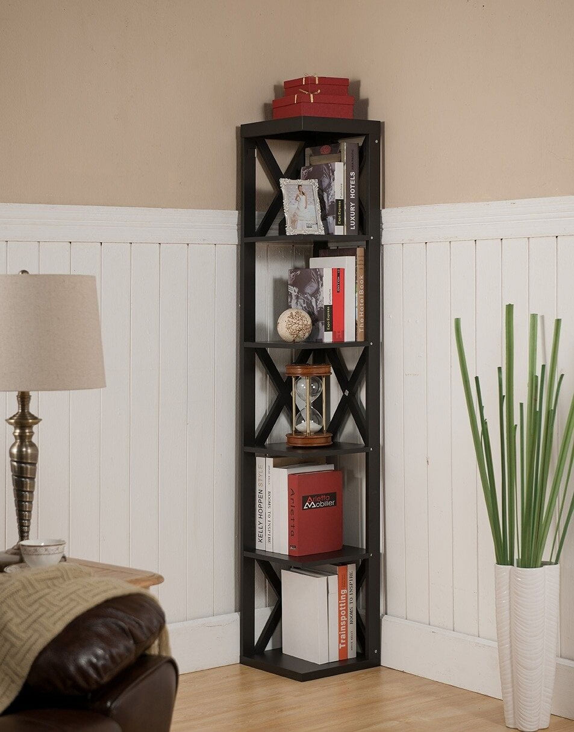 Kings Brand Furniture 5 Tier Corner Bookcase with Crisscross design for Living Room Office, Espresso