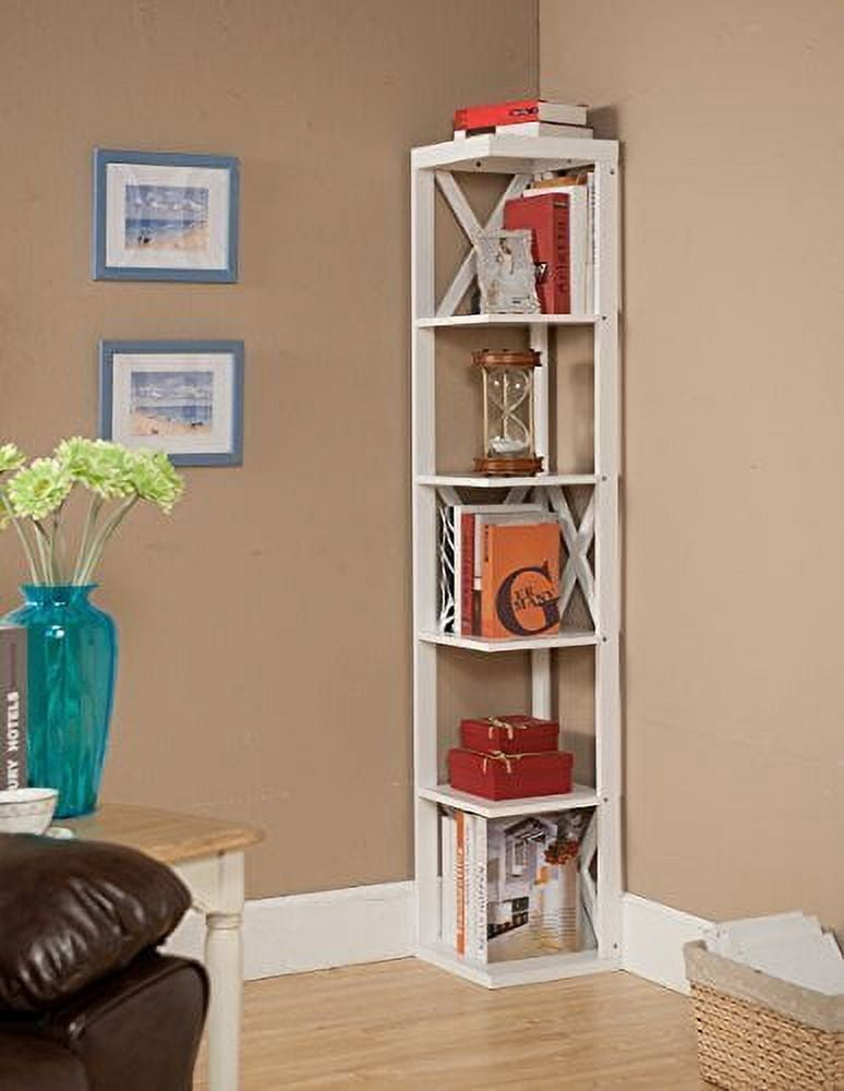 Kings Brand Furniture 5 Tier Corner Bookcase with Crisscross design for Living Room Office, White
