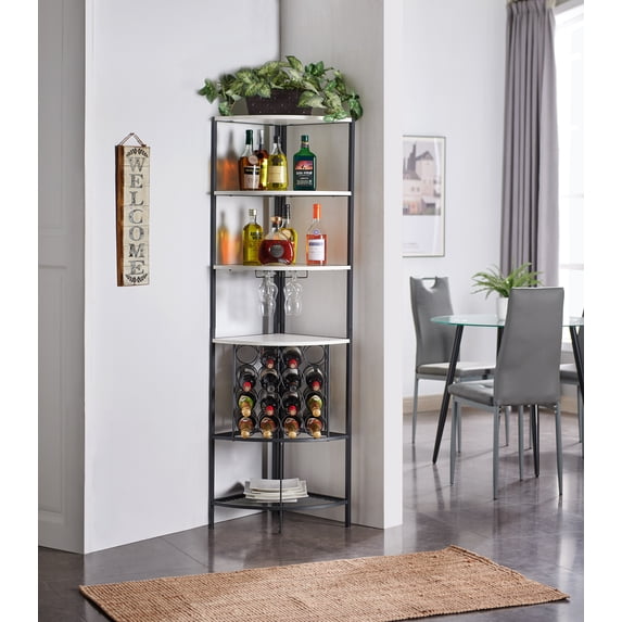 Kings Brand Furniture - 5 Tier Corner Wine Rack with Glass Holder and Storage Shelves, Wine Bar Cabinet for Living Room, Dining Room, Kitchen, White Oak/Black
