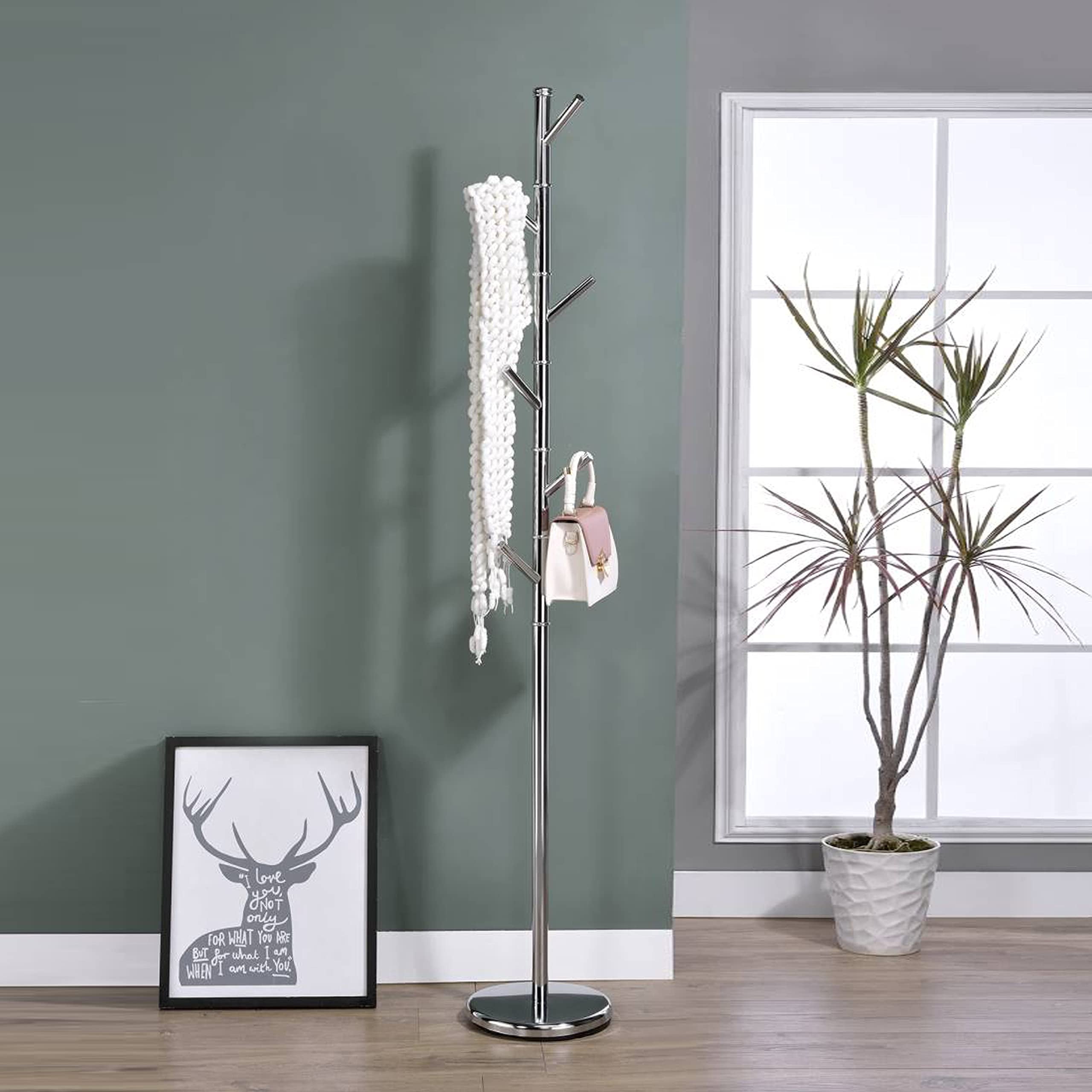 Chrome Metal Freestanding Coat and Hat Rack with 6 Hooks