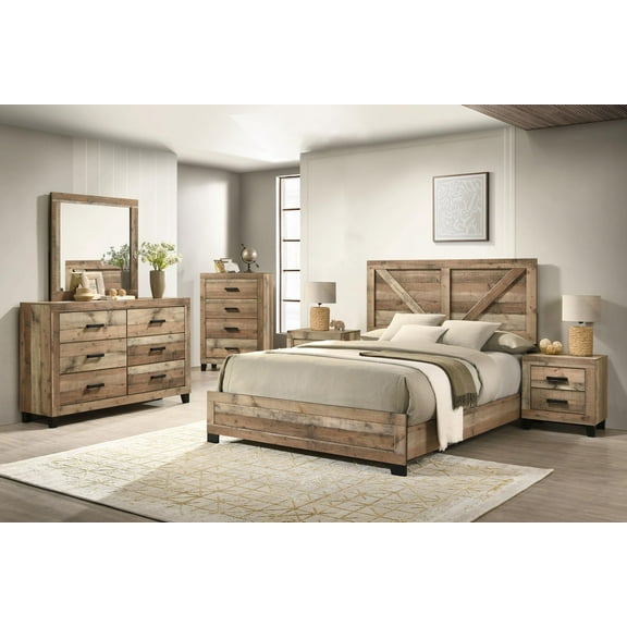 Kings Brand Furniture 6-Piece Antique Natural Queen Size Bedroom Set - Bed, Dresser, Mirror, Chest and 2 Nightstands