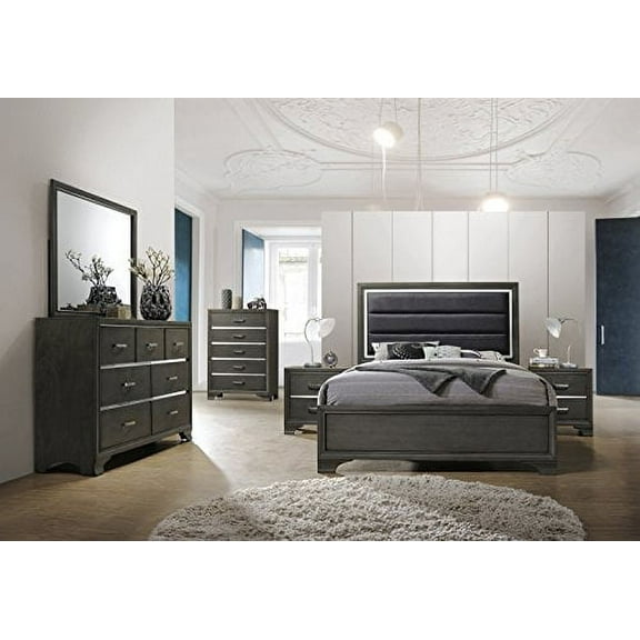 Kings Brand Furniture 6-Piece Gray Wood with Faux Leather Headboard King Bedroom Set. Bed, Dresser, Mirror, Chest, 2 Night Stands