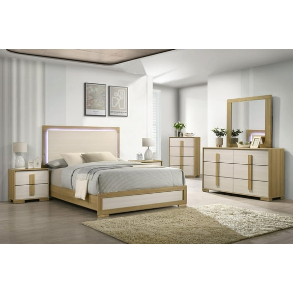 Kings Brand Furniture 6-Piece King Size Natural/White Bedroom Set - Bed with LED Lights, Dresser, Mirror, Chest and 2 Nightstands