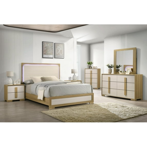 Kings Brand Furniture 6-Piece King Size Natural/White Bedroom Set - Bed with LED Lights, Dresser, Mirror, Chest and 2 Nightstands