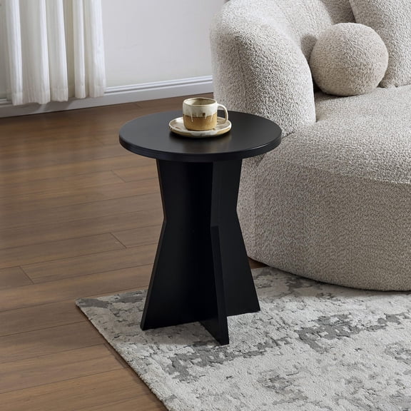 Kings Brand Furniture Adam Side/End Table – Wooden Round Accent Table with Sculptural Pedestal Base, Modern Small Coffee Table or Nightstand for Living Room or Bedroom (Black)