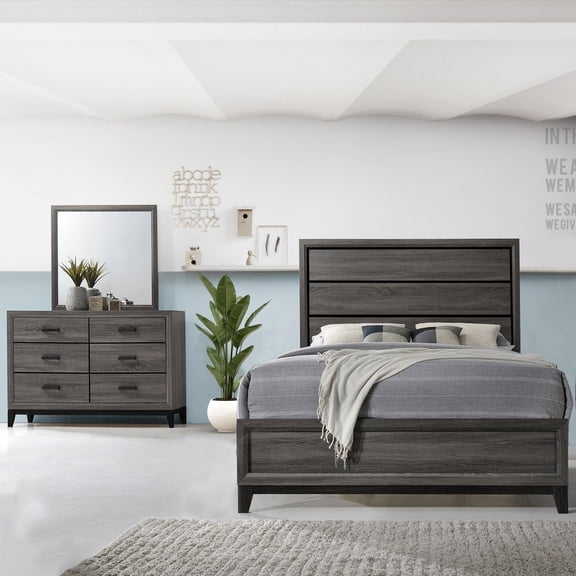 Kings Brand Furniture Ambroise 3-Piece Deep Gray Finish Bedroom Set –Bed Frame, 6-Drawer Storage Dresser with Mirror (King)