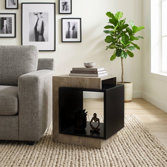 Kings Brand Furniture Arlo Bookcase End Table, Rectangular Side Table with Open Cube Storage Shelf for Living Room, Bedroom or Small Spaces, Oak Light Brown/Black Finish