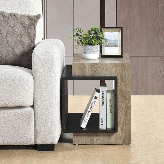Kings Brand Furniture Arlo Bookcase End Table, Rectangular Side Table with Open Cube Storage Shelf for Living Room, Bedroom or Small Spaces, Oak Light Brown/Black Finish