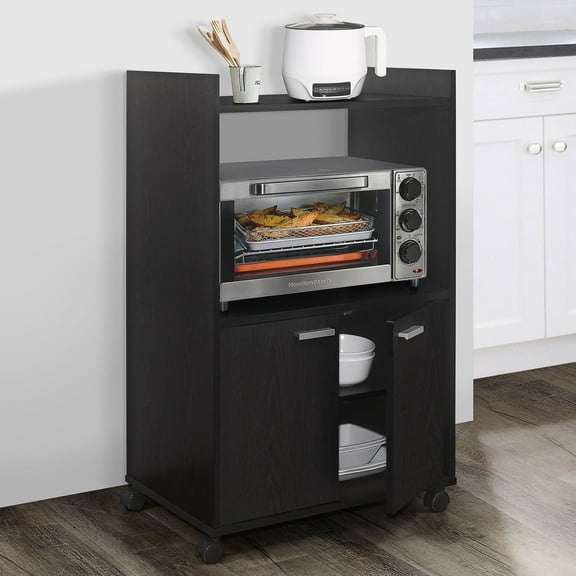 Kings Brand Furniture Ayla 2-Door Kitchen Microwave Cart with Shelfs for Storage, Black