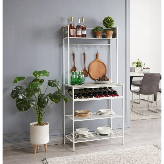 Kings Brand Furniture - Bakers Rack with Storage Shelfs, Wine Rack and Hooks - Microwave Stand for Home Kitchen/Dining Room, White/Gray