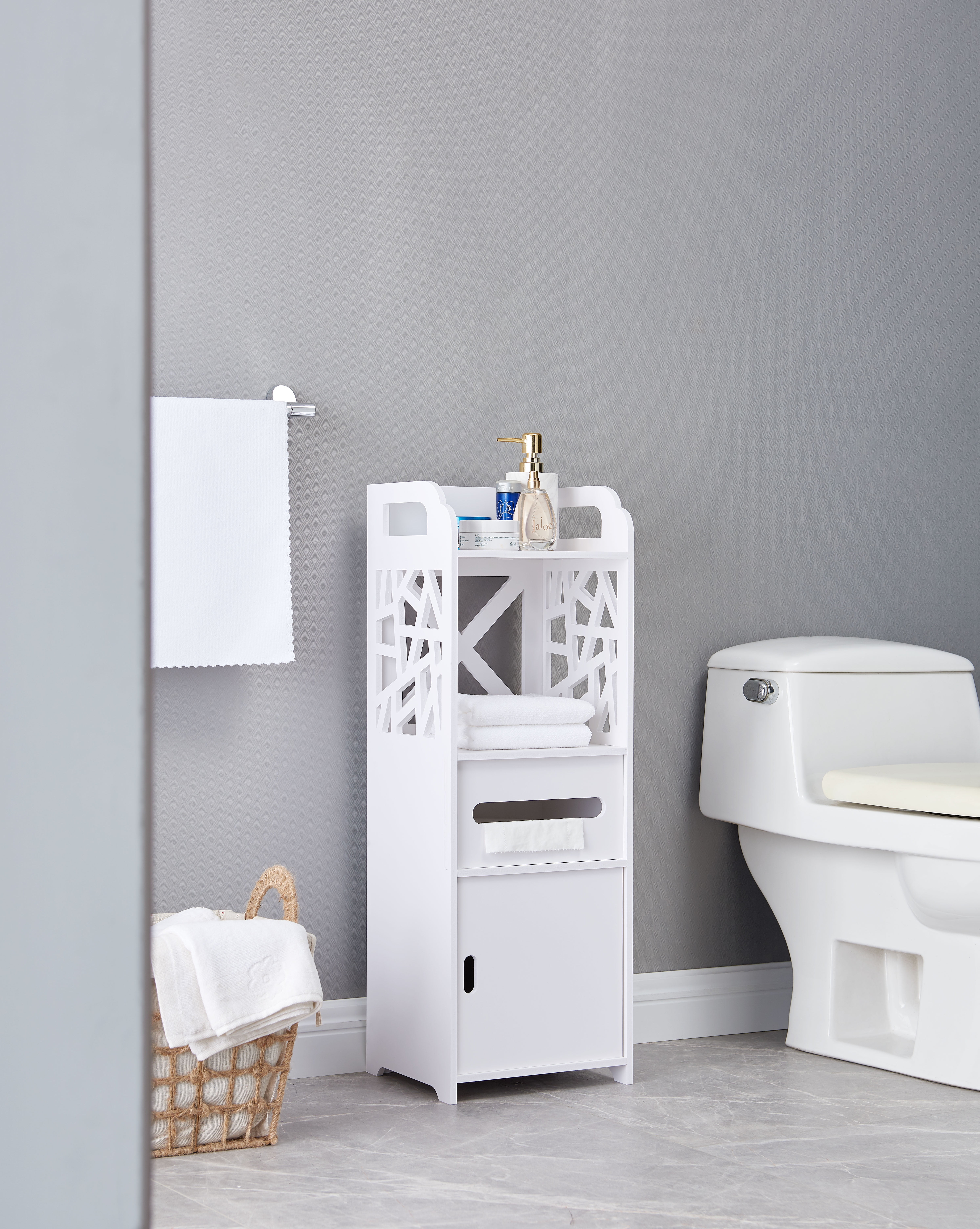White Freestanding Plastic Wood Bathroom Storage Cabinet with Shelves