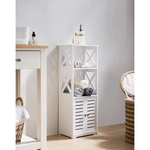Kings Brand Furniture Basic Plastic Wood Storage Cabinet for Bathroom, 1 Shelf Behind Doors, 2 Open Shelves, White
