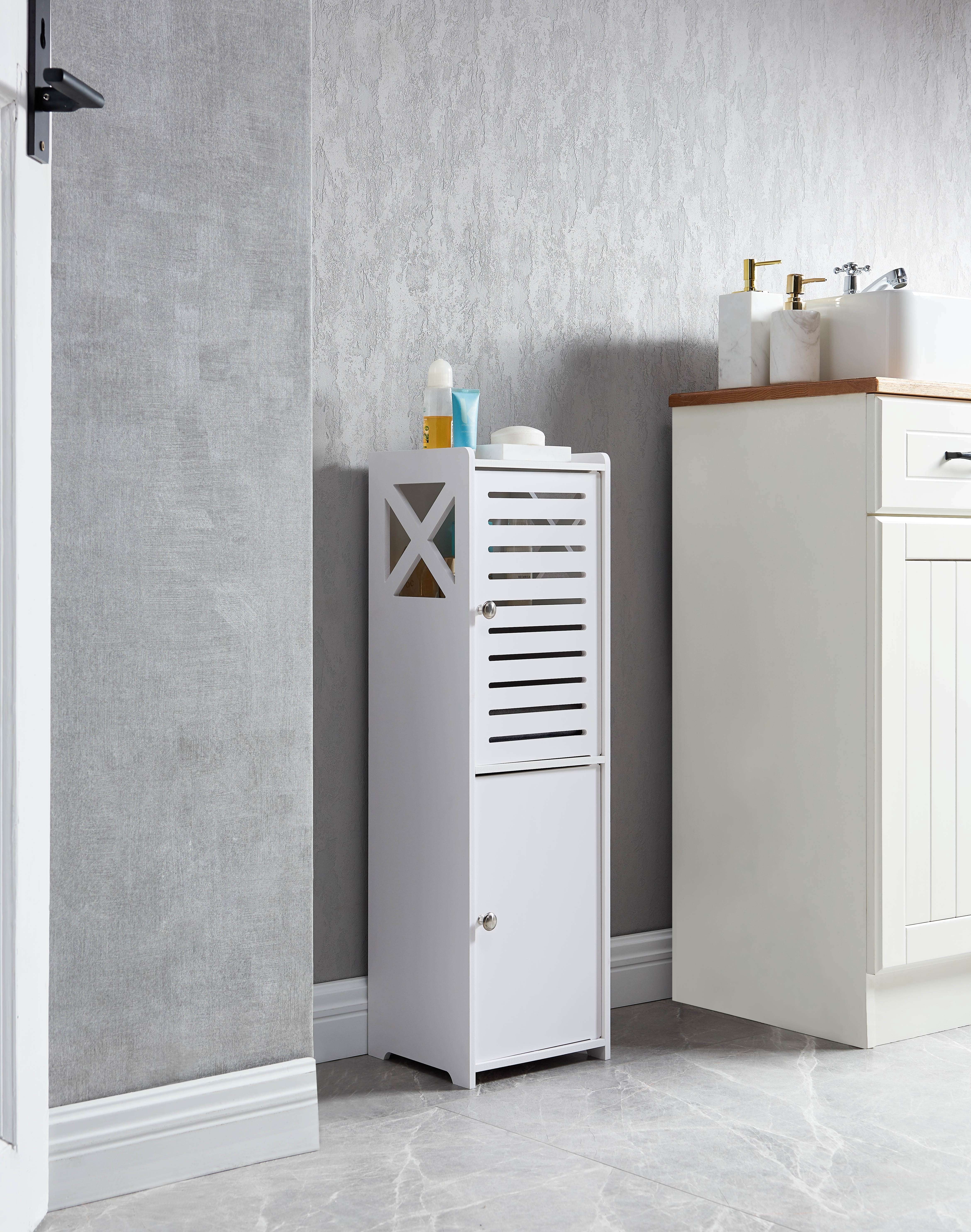 Kings Brand Furniture Basic Bathroom Storage Cabinet – White Plastic & Wood, 2 Cabinets with Shelves Behind Doors