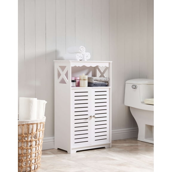 Kings Brand Furniture Basic Plastic Wood Storage Cabinet for Bathroom, 2 Shelves Behind Doors, 1 Open Shelf, White