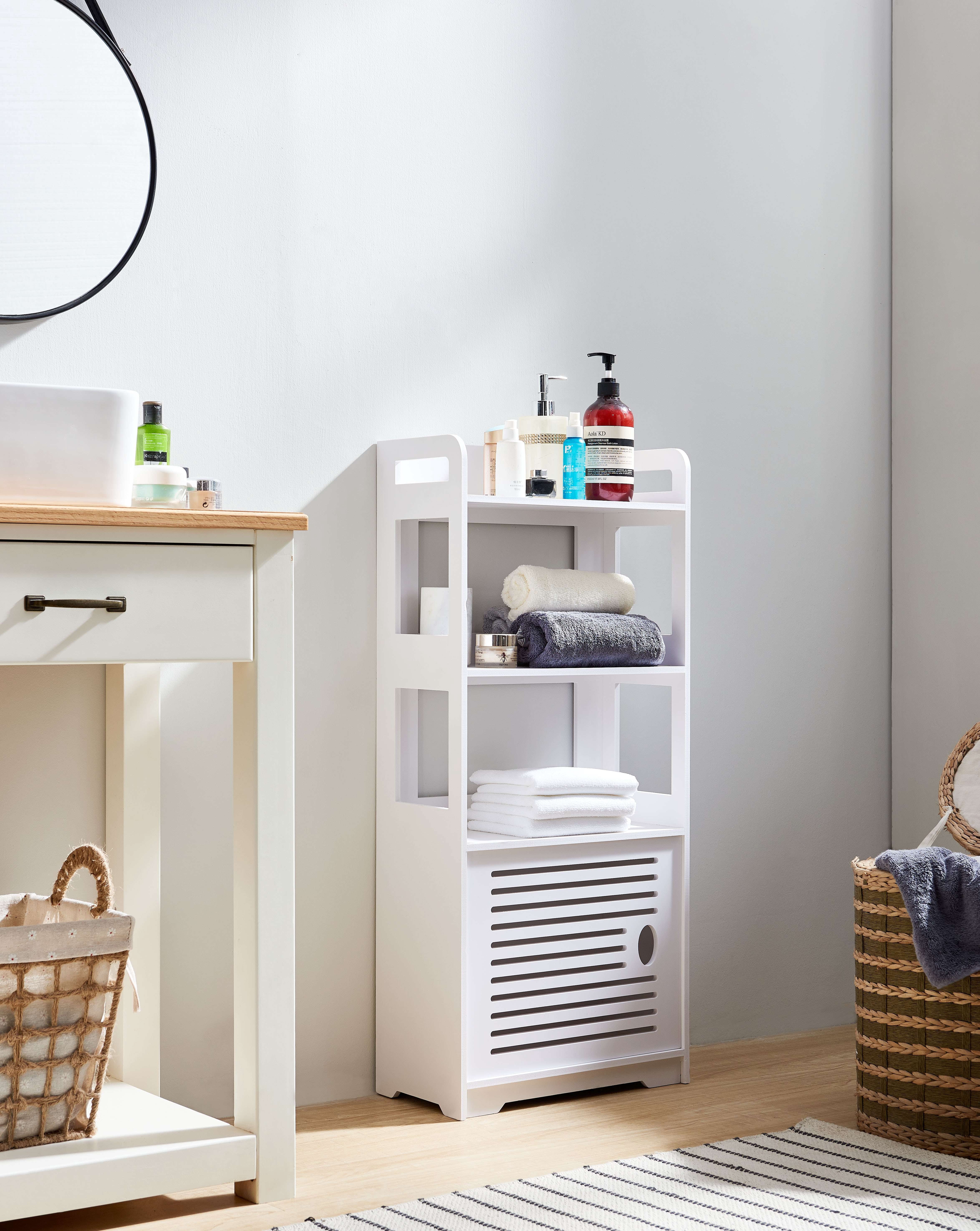 Kings Brand Furniture Basic Plastic Wood Storage Cabinet for Bathroom, 3 Open Shelves, 1 Cabinet, White