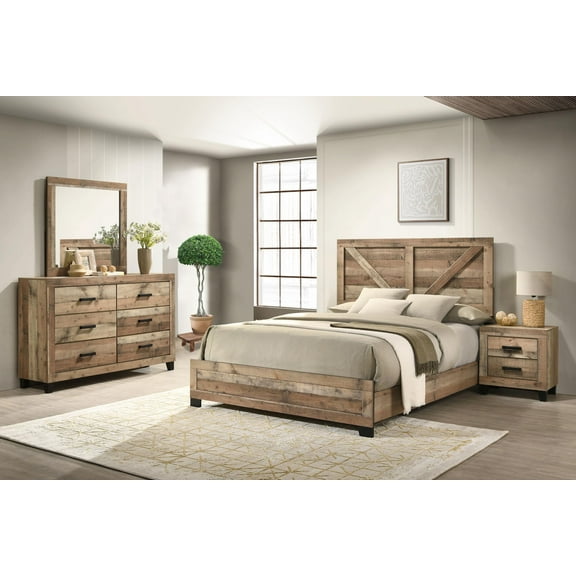 Kings Brand Furniture Biloxi Farmhouse Classic 4-Piece Bedroom Set - Bed Frame with Headboard, Dresser, Mirror and Nightstand (Queen)