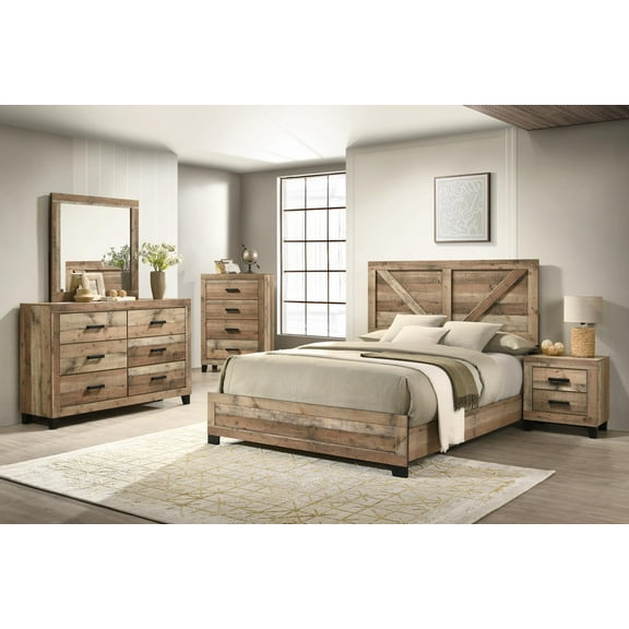 Kings Brand Furniture Biloxi Farmhouse Classic 5-Piece Bedroom Set - Bed Frame with Headboard, Dresser, Mirror, Chest and Nightstand (Queen)