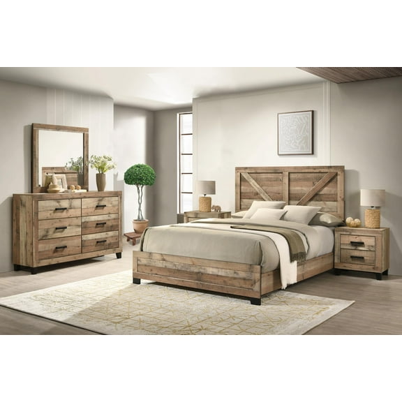 Kings Brand Furniture Biloxi Farmhouse Classic 5-Piece Bedroom Set - Bed Frame with Headboard, Dresser, Mirror and 2 Nightstand (Queen)
