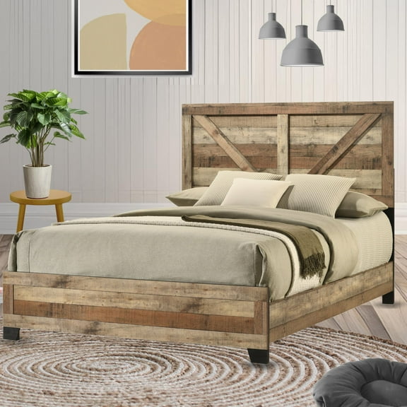 Kings Brand Furniture Biloxi Wooden Bed Frame with Headboard in Antique Natural Finish (Queen)