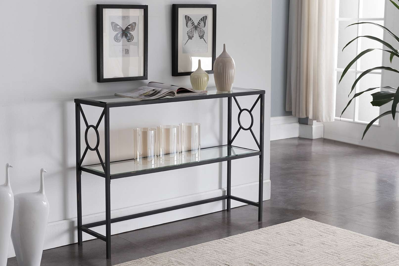 Kings Brand Furniture Black Metal Entryway Console Table with Glass Top