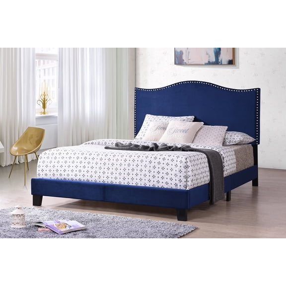 Kings Brand Furniture Blue Velvet Upholstered Bed with Headboard & Nailhead Trim, King Size