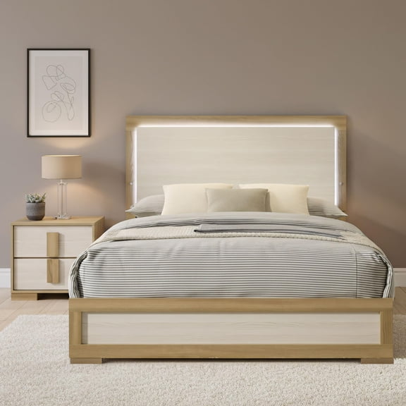 Kings Brand Furniture Boone 2-Piece Bedroom Set – Bed Frame with LED Headboard & 1 Nightstand, Natural/White Wood Finish, Slim-Profile Modern Design (Queen)