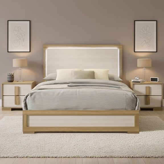 Kings Brand Furniture Boone 3-Piece Bedroom Set – Bed Frame with LED Headboard & 2 Nightstands, Natural/White Wood Finish, Slim-Profile Modern Design (Queen)