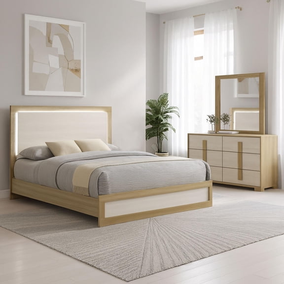 Kings Brand Furniture Boone 3-Piece Bedroom Set – Bed Frame with LED Headboard and Dreser with Mirror, Natural/White Wood Finish, Slim-Profile Modern Design (Queen)