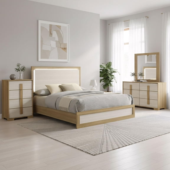Kings Brand Furniture Boone 4-Piece Bedroom Set – Bed Frame with LED Headboard, Dreser with Mirror and 4-Drawer Storage Chest, Natural/White Wood Finish, Slim-Profile Modern Design (Queen)