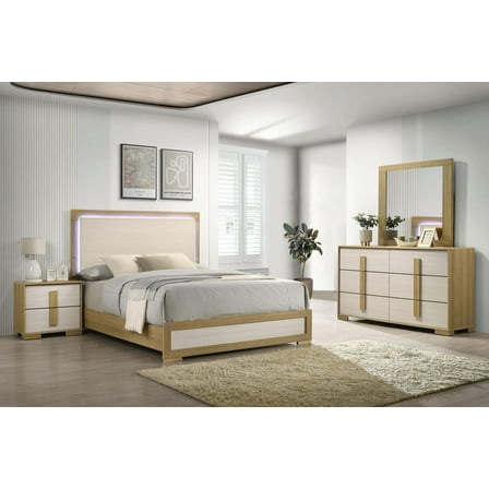 Kings Brand Furniture Boone 4-Piece Modern Bedroom Set in Natural/White Wood Finish - Bed Frame with LED Headboard, Dresser, Mirror and Nightstand (King)