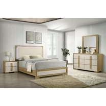 Kings Brand Furniture Boone 4-Piece Modern Bedroom Set in Natural/White Wood Finish - Bed Frame with LED Headboard, Dresser, Mirror and Nightstand (King)