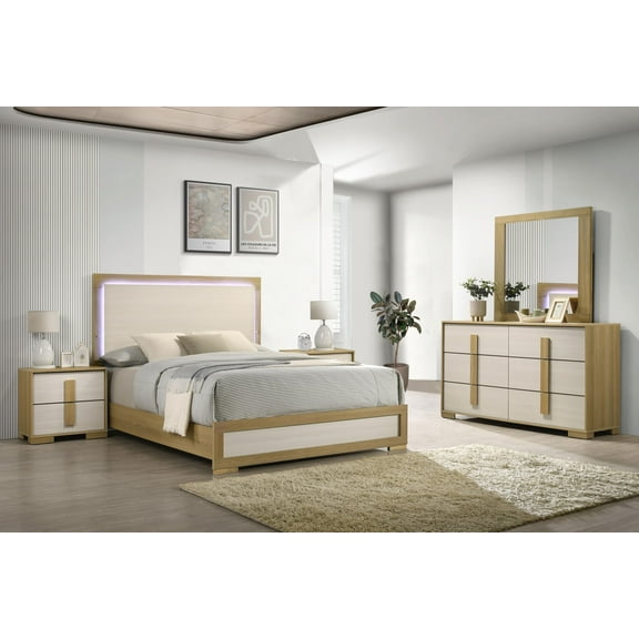 Kings Brand Furniture Boone 5-Piece Modern Bedroom Set in Natural/White Wood Finish - Bed Frame with LED Headboard, Dresser, Mirror and 2 Nightstands (King)