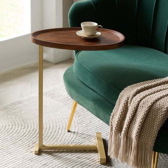 Kings Brand Furniture C-Shaped End Table – Small Side Table for Couch, Sofa Snack Table, Slim Chairside Nightstand for Bedroom & Living Room, Metal Frame Wood Top Modern C Table (Brown)