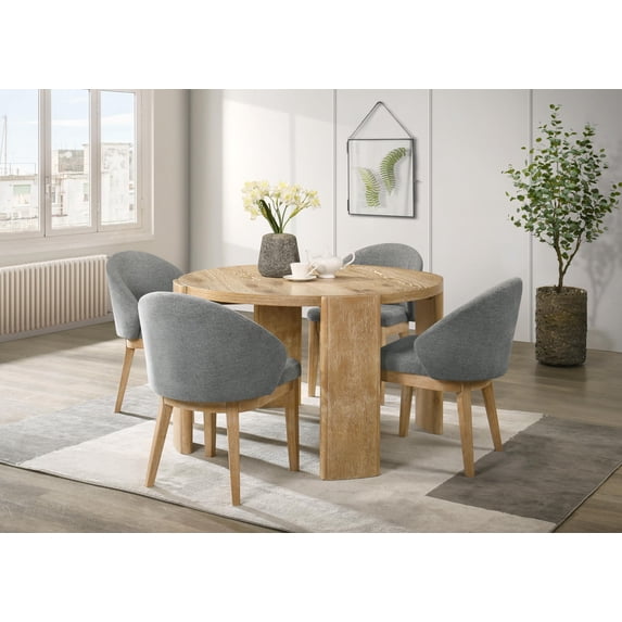 Kings Brand Furniture Casper Round Dining Set – 5-Piece Space-Saving Kitchen Table Set with 48" Natural Wood Table & 4 Grey Upholstered Chairs
