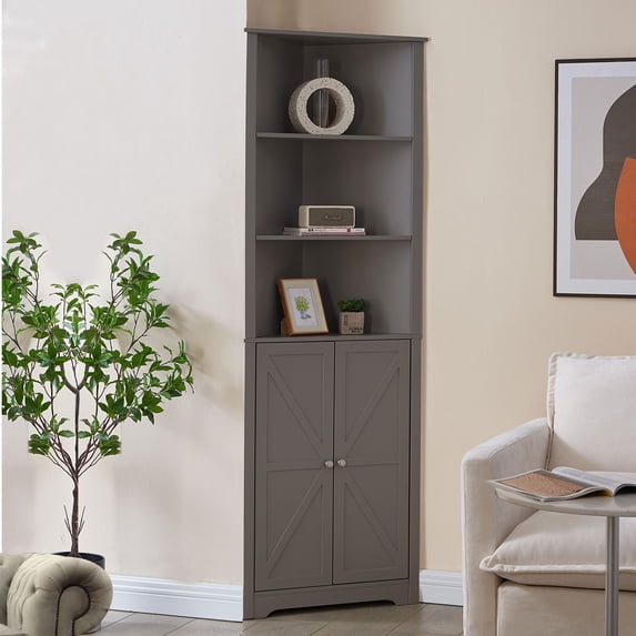 Kings Brand Furniture Cecilion Tall Corner Cabinet with 2 Doors and 4 Shelves for Small Space, Bathroom, Kitchen, Living Room (Grey)