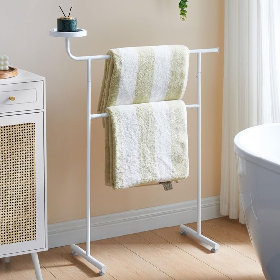 Kings Brand Furniture Chase Valet Towel Rack - Freestanding Double Towel Bar Stand for Laundry Room & Bathroom (White)