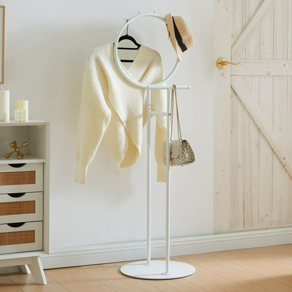 Kings Brand Furniture Cheska Suit Valet Stand with Circular Frame - Tie Jacket Hanger, Freestanding Clothing Organizer Perfect for Bedrooms & Entryways (White)