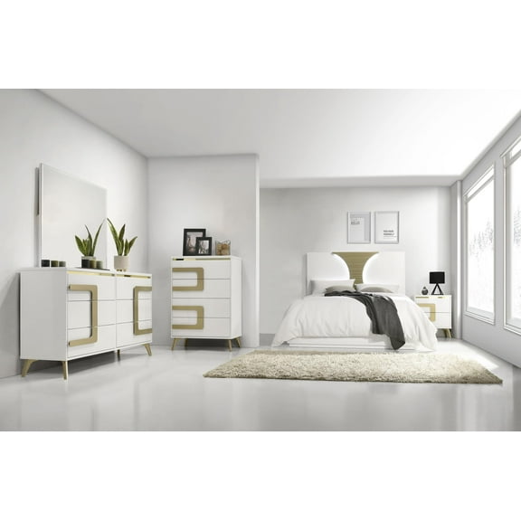 Kings Brand Furniture Claire 5-Piece Modern Bedroom Set in White/Gold Finish - Bed Frame with LED Headboard, Chest, Dresser, Mirror and Nightstand (Queen)
