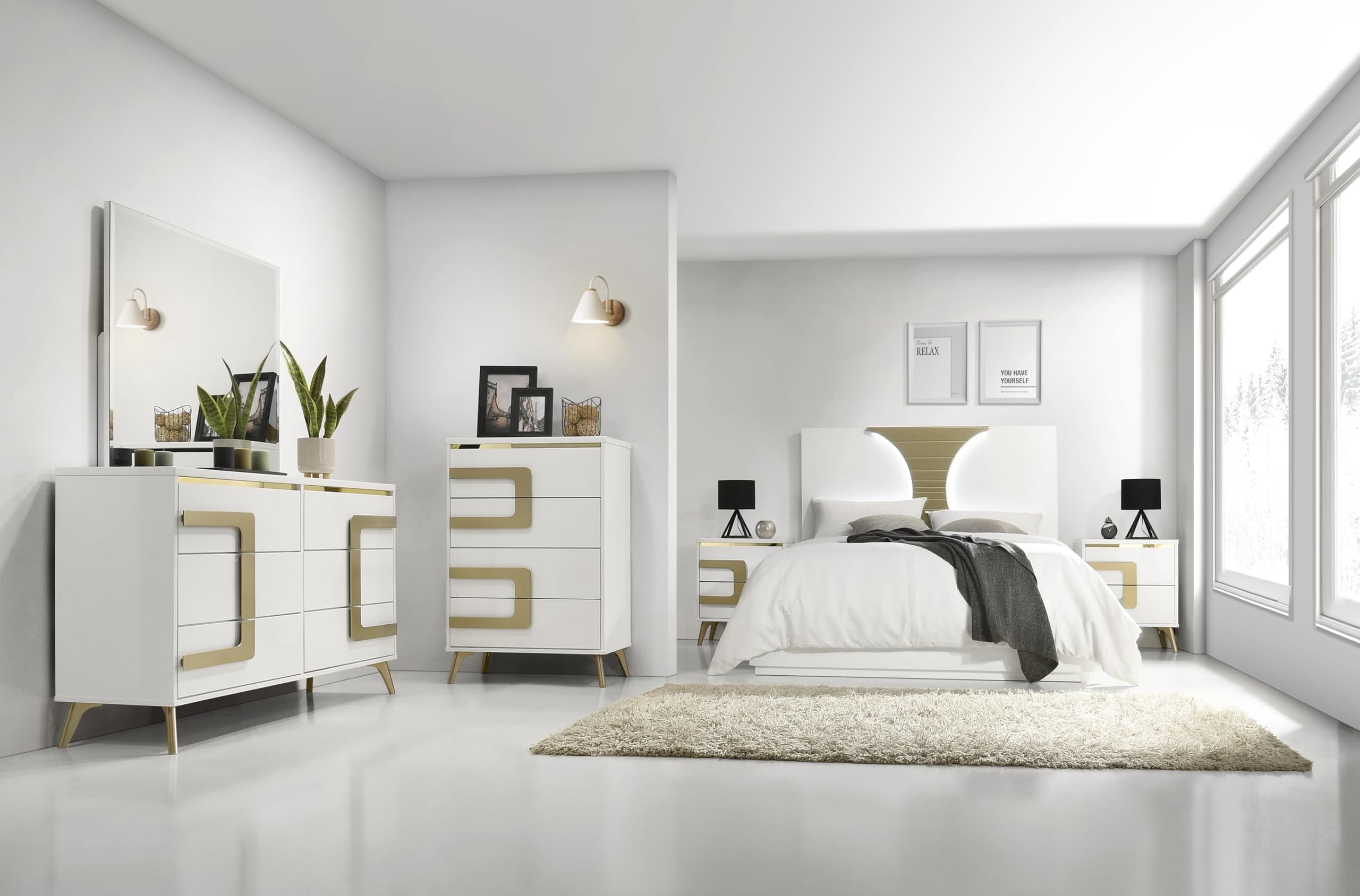 Kings Brand Furniture Claire 6-Piece Modern & Stylish Bedroom Set in White/Gold Finish - Bed Frame with LED Headboard, Dresser, Mirror, Chest and 2 Nightstands (Queen)