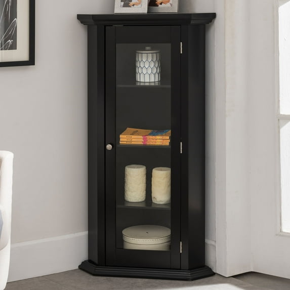 Kings Brand Furniture Corner Curio Storage Cabinet with Glass Door, Black