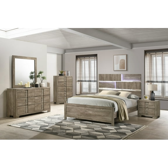 Kings Brand Furniture Dawson 5-Piece Modern Bedroom Set in Light Brown Finish - Bed Frame with LED Headboard, Chest, Dresser, Mirror and Nightstand (King)