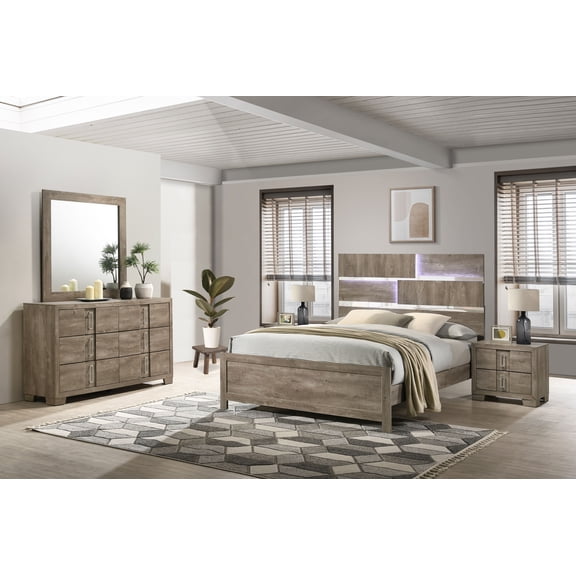 Kings Brand Furniture Dawson 5-Piece Modern Bedroom Set in Light Brown Finish - Bed Frame with LED Headboard, Dresser, Mirror and 2 Nightstands (Queen)