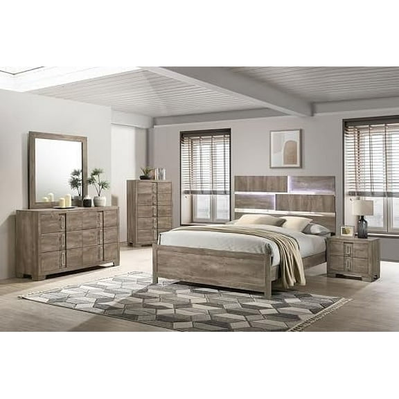 Kings Brand Furniture Dawson 6-Piece Modern Bedroom Set in Light Brown Finish - Bed Frame with LED Headboard, Chest, Dresser, Mirror and 2 Nightstands (Queen)