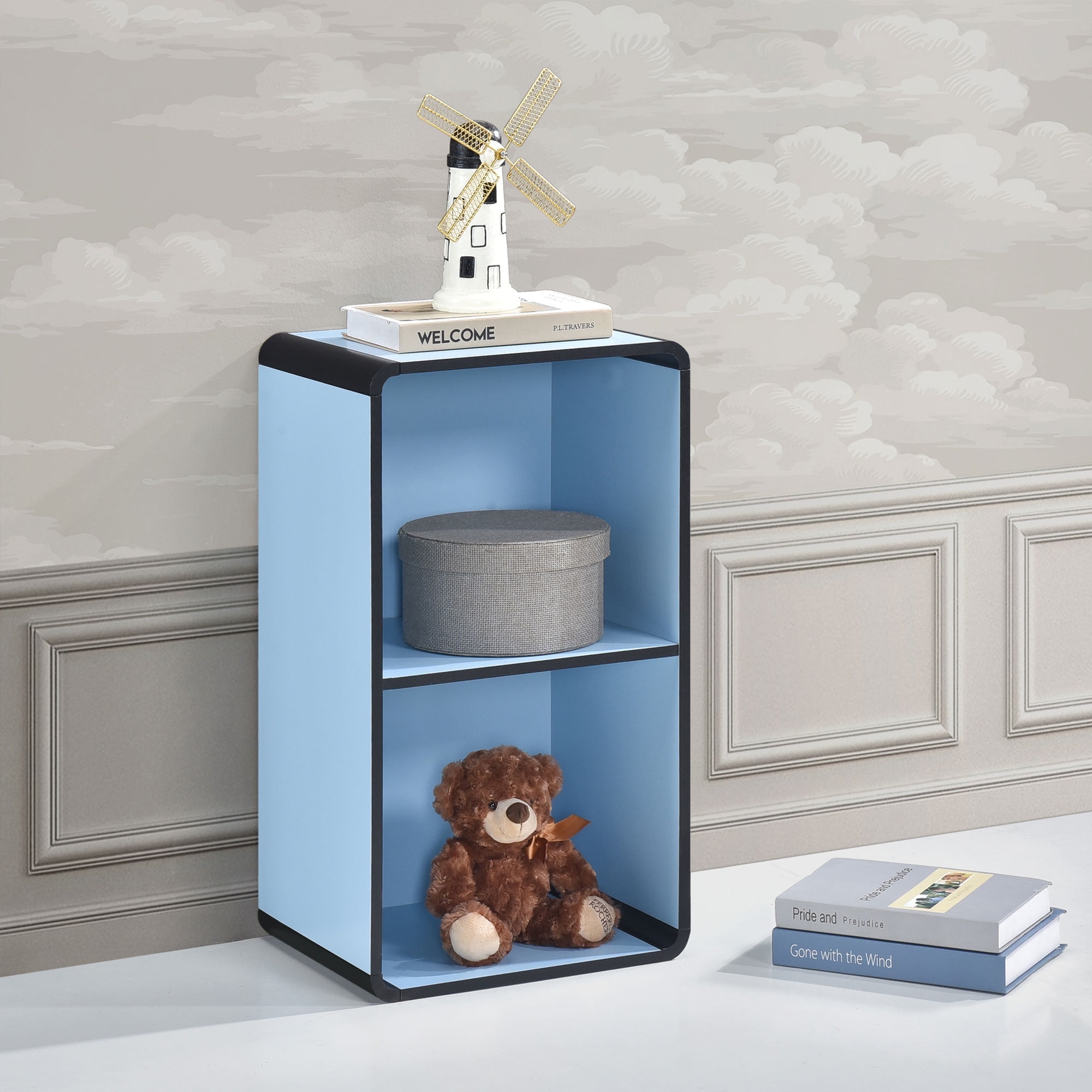Kings Brand Furniture Dothan 2-Tier Cube Open Bookcase - Space Saving Storage Shelf Organizer Bookshelf, Light Blue